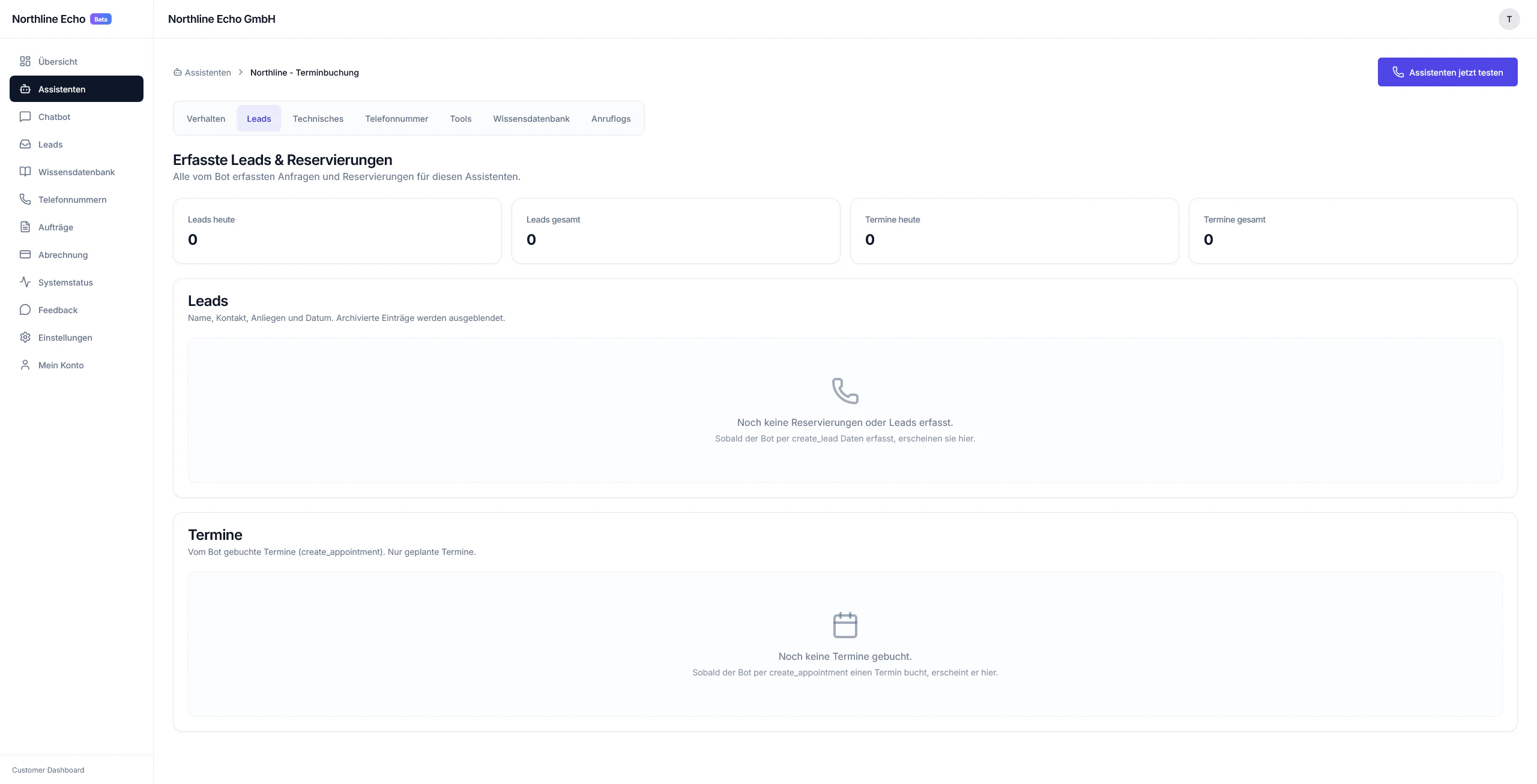 Erfasste Leads & Reservierungen – Stat-Karten, Leads- und Termine-Bereich