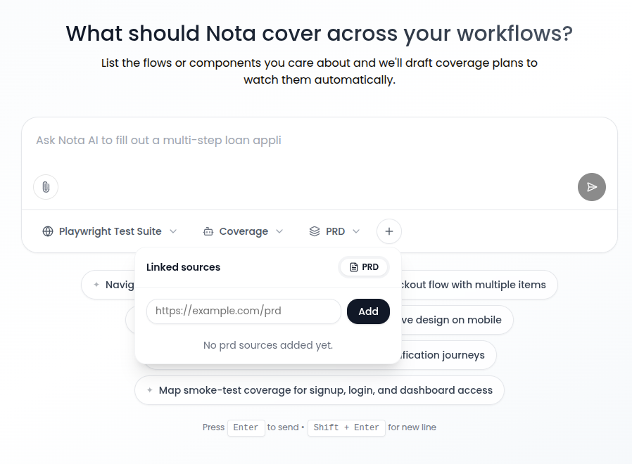 Linked sources panel with a PRD URL input