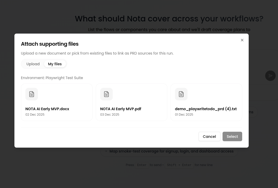 My files tab showing previously uploaded PRD documents