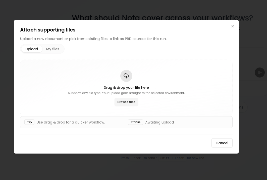 Upload tab allowing drag-and-drop PRD files