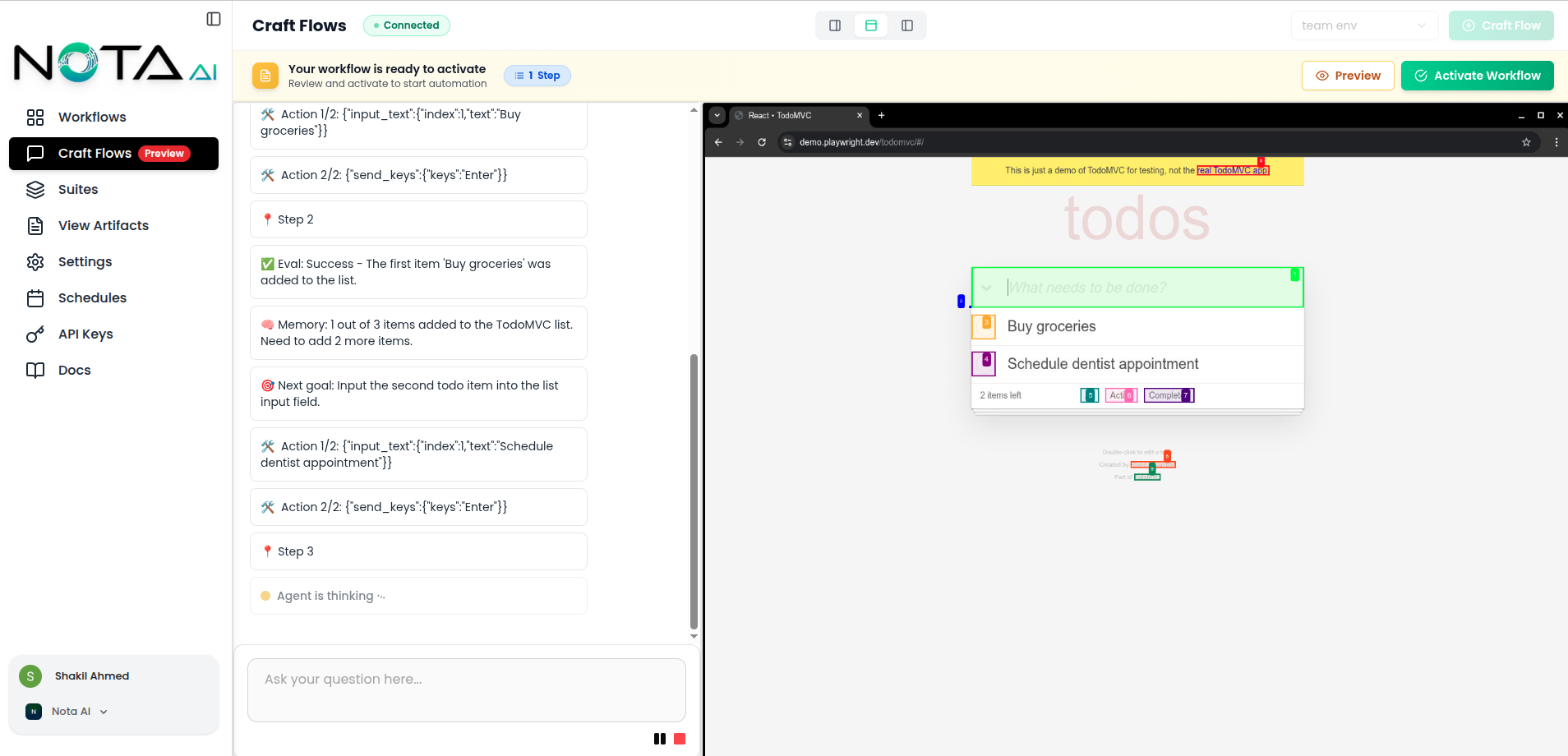 Live browser preview panel showing real-time execution