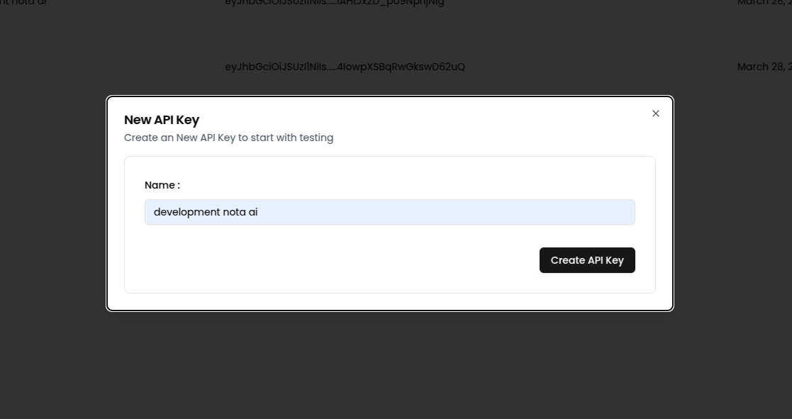 API key creation modal