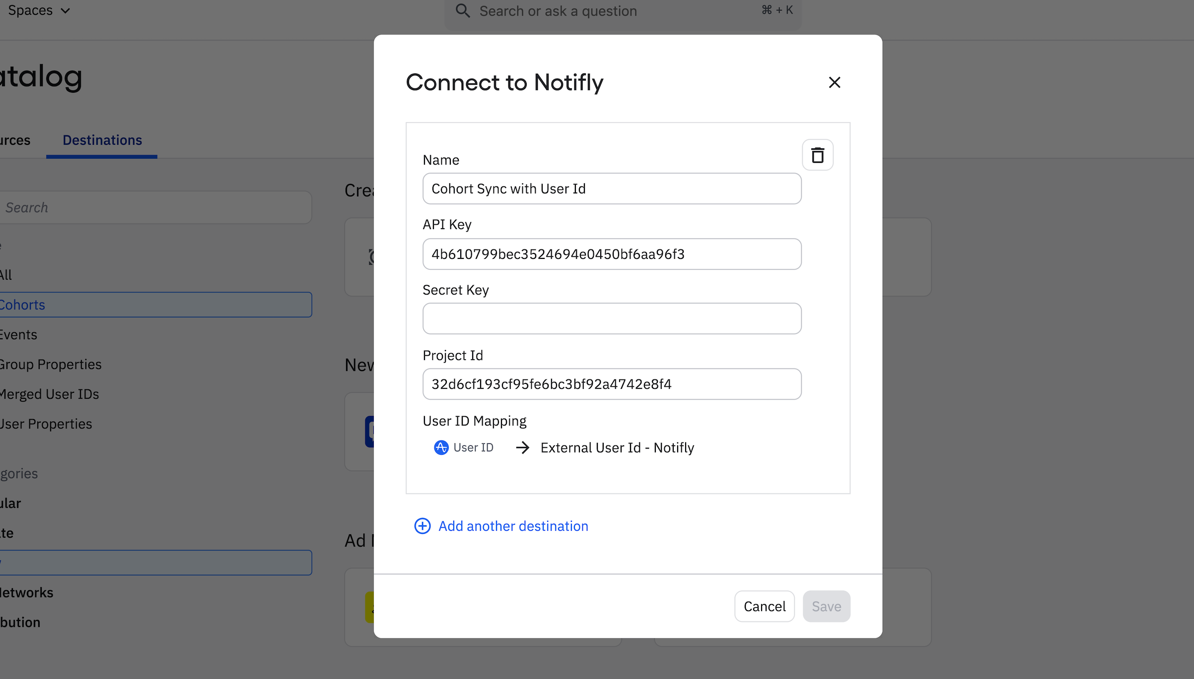 Amplitude notifly destination setup