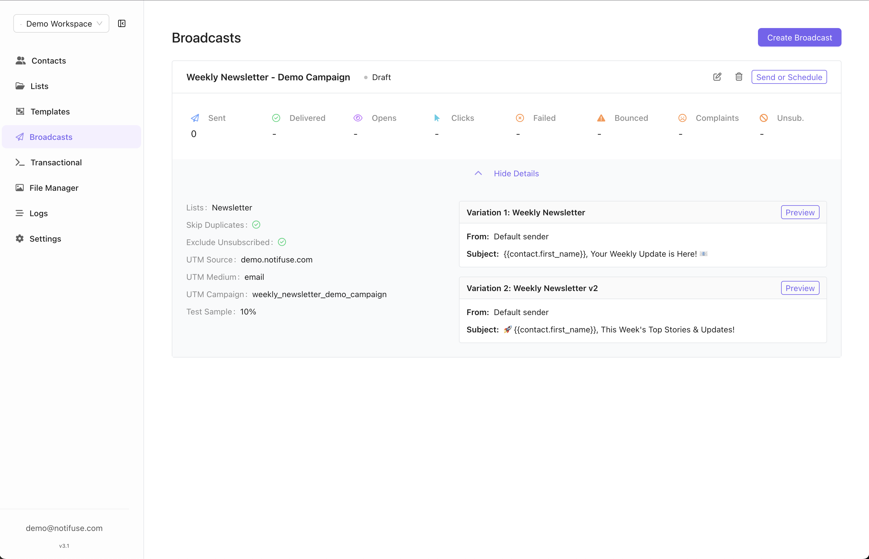 Broadcasts screenshot