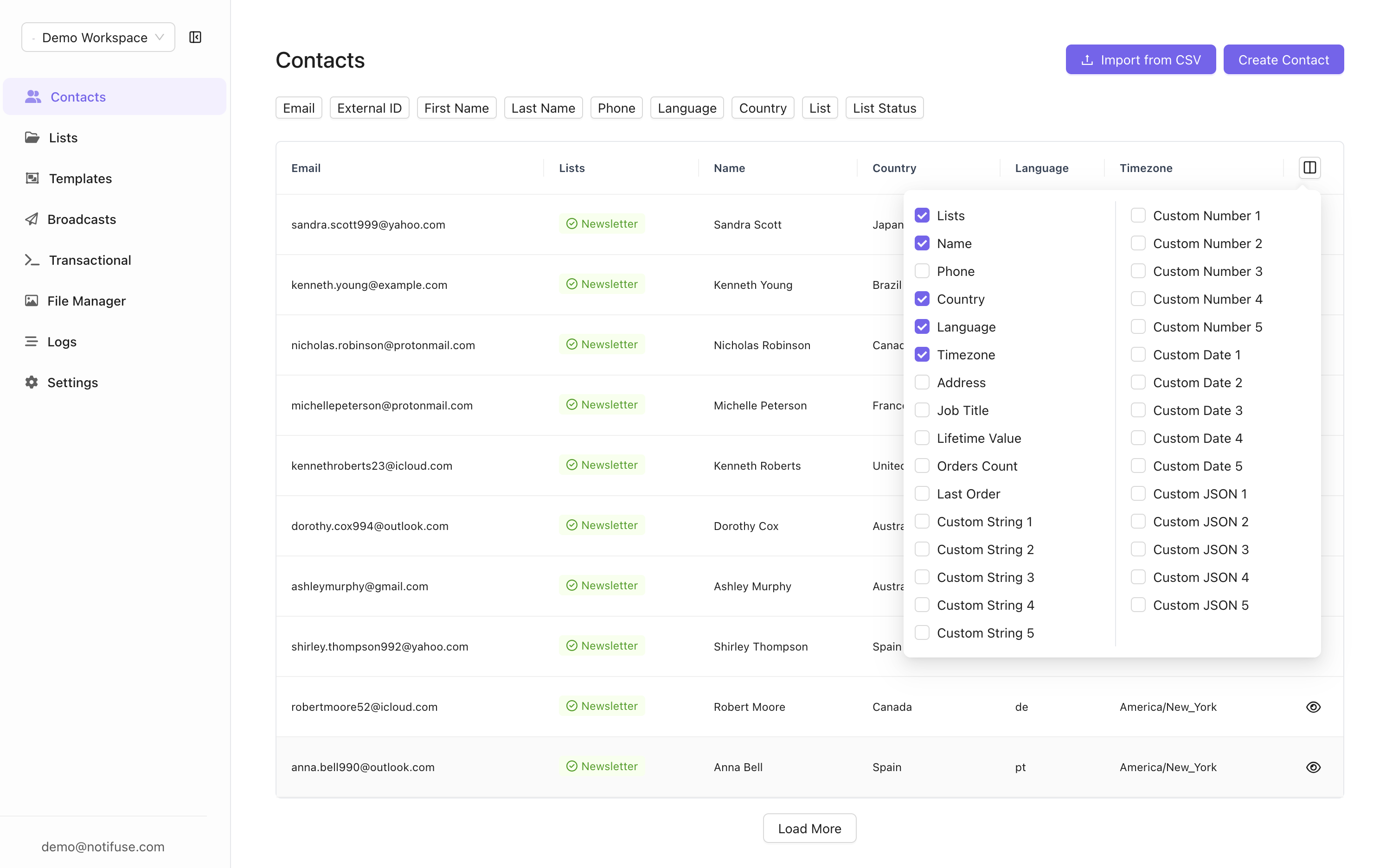 Contacts interface showing contact list with various fields and custom data options