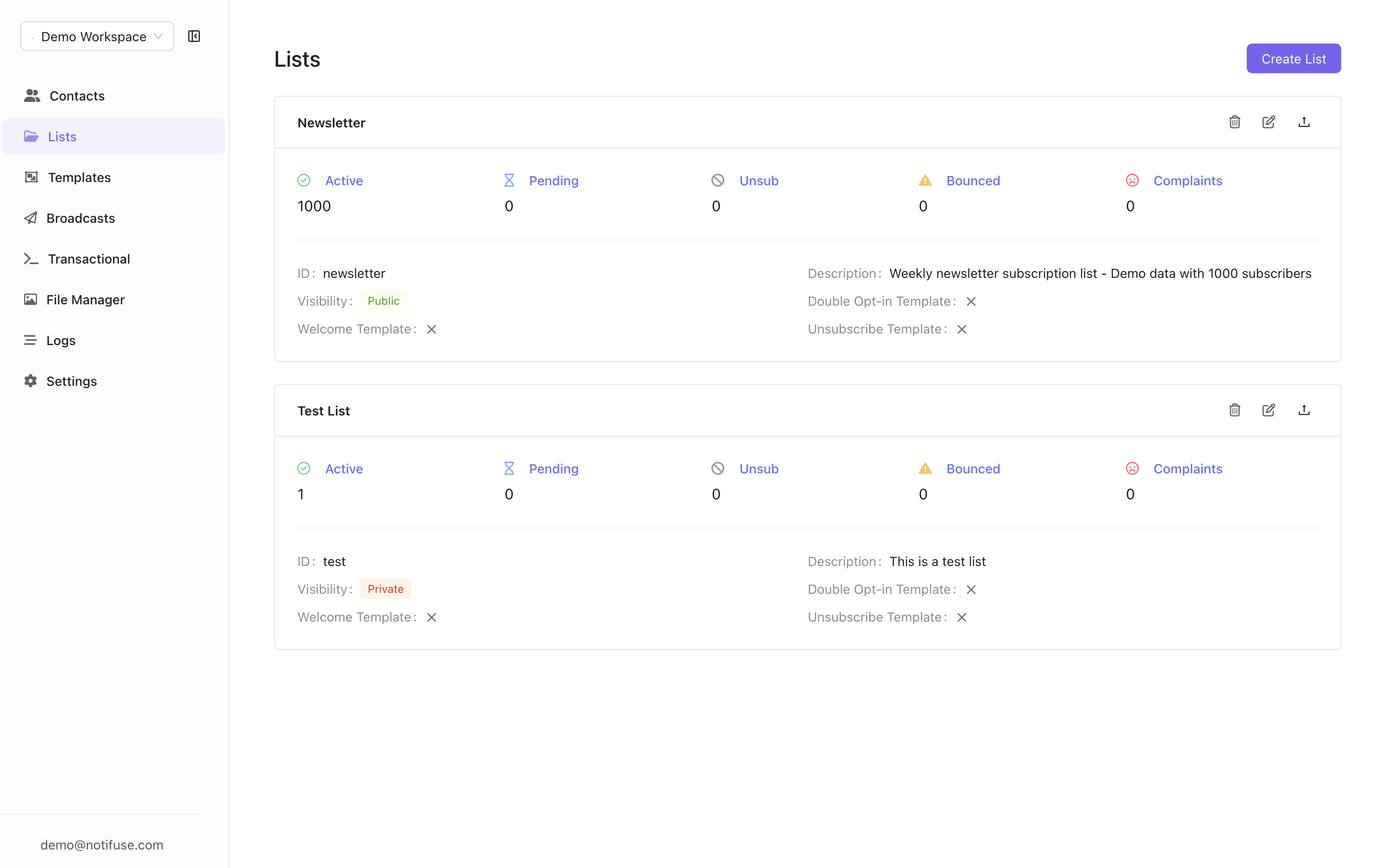 Mailing lists screenshot