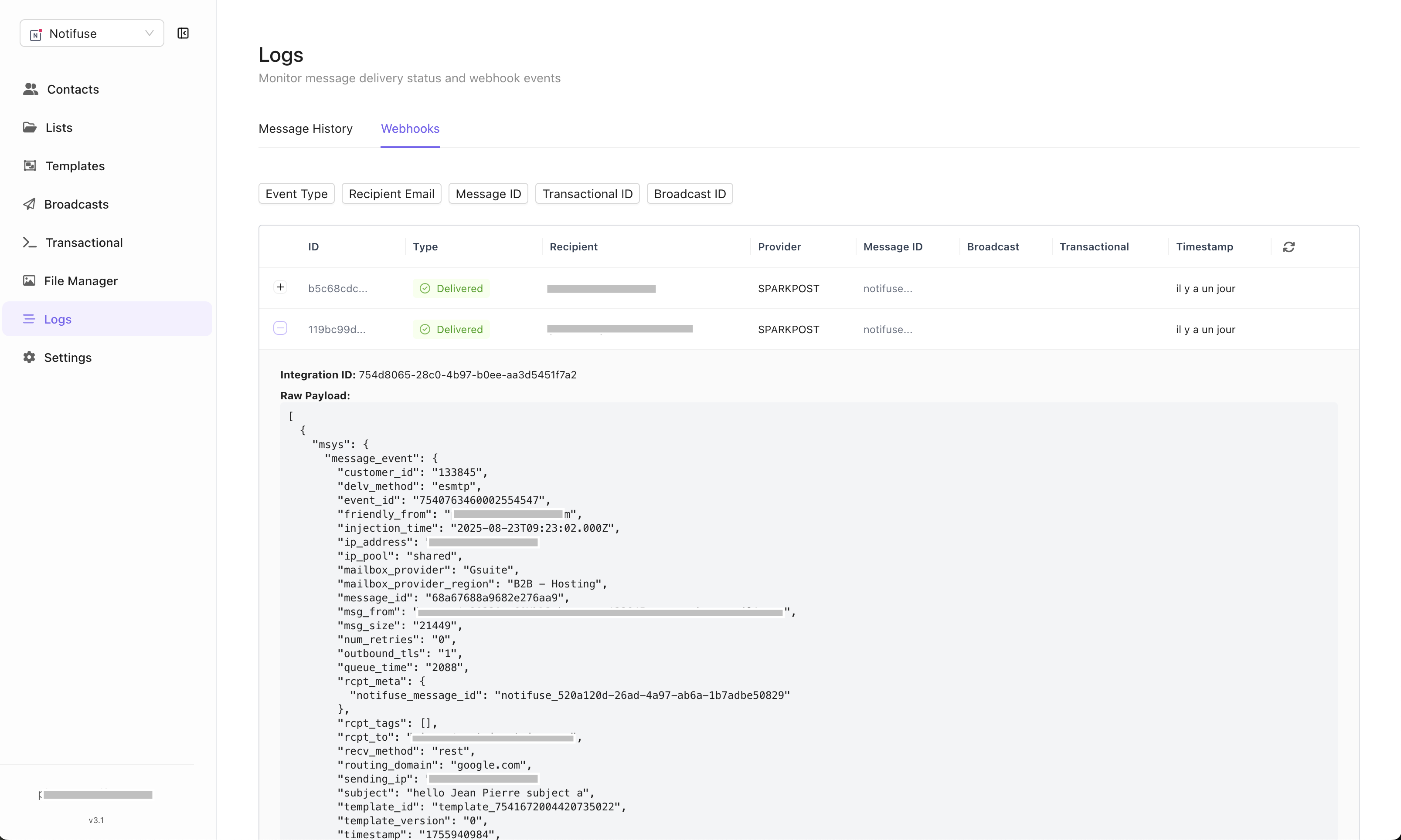 Webhooks logs screenshot