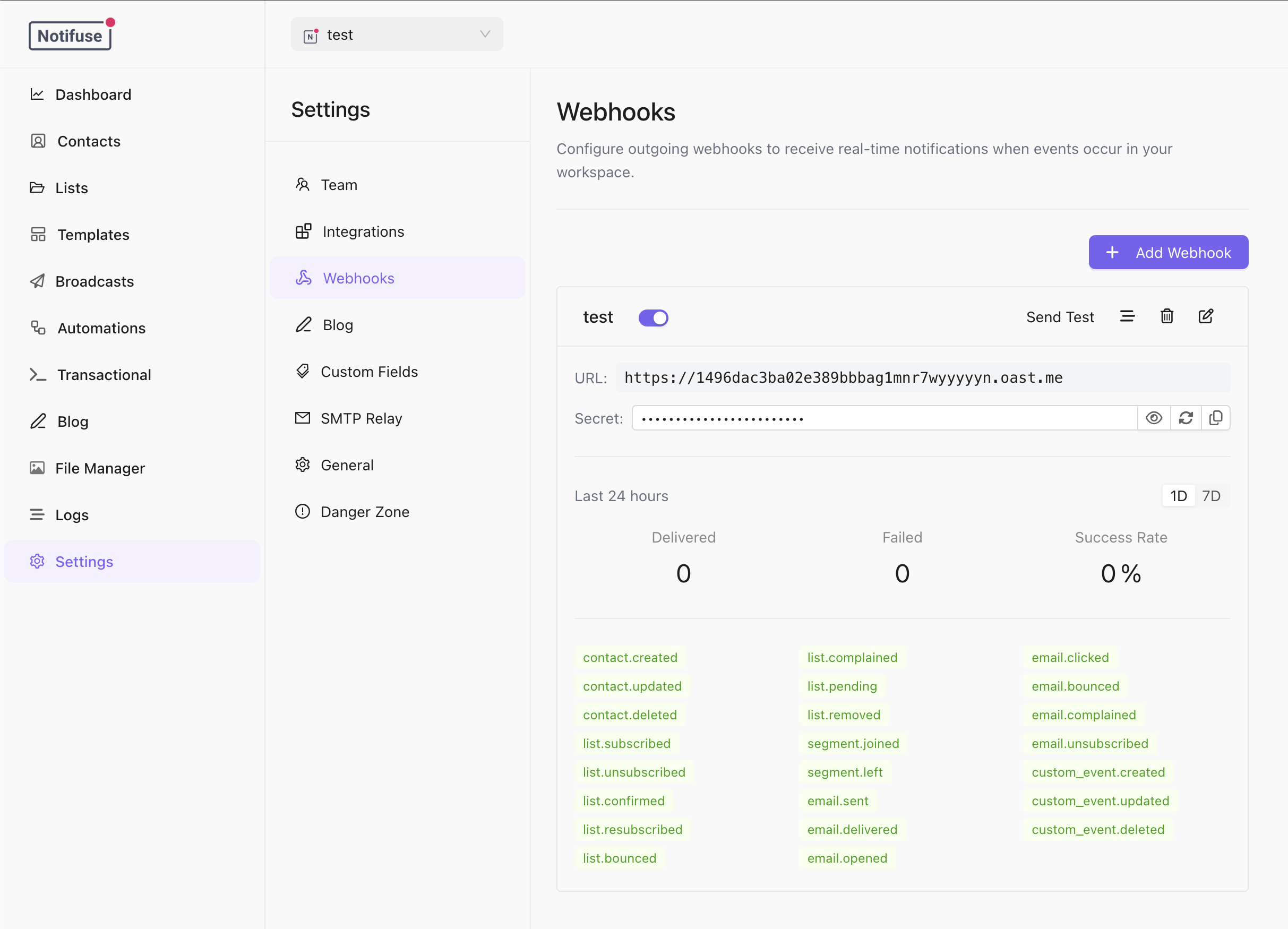 Outgoing webhooks screenshot