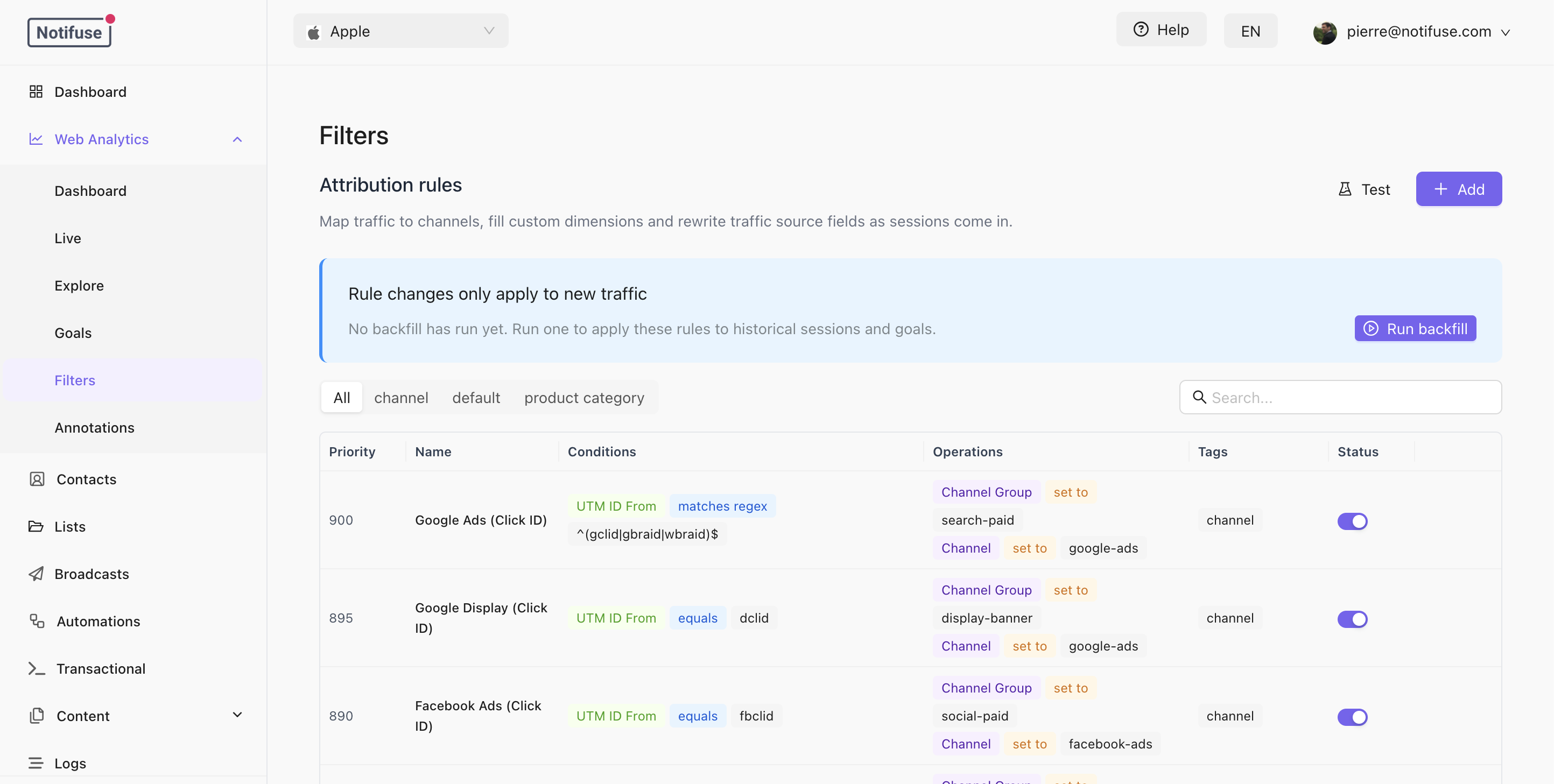 Filters section listing attribution rules by priority with their conditions, operations and tags