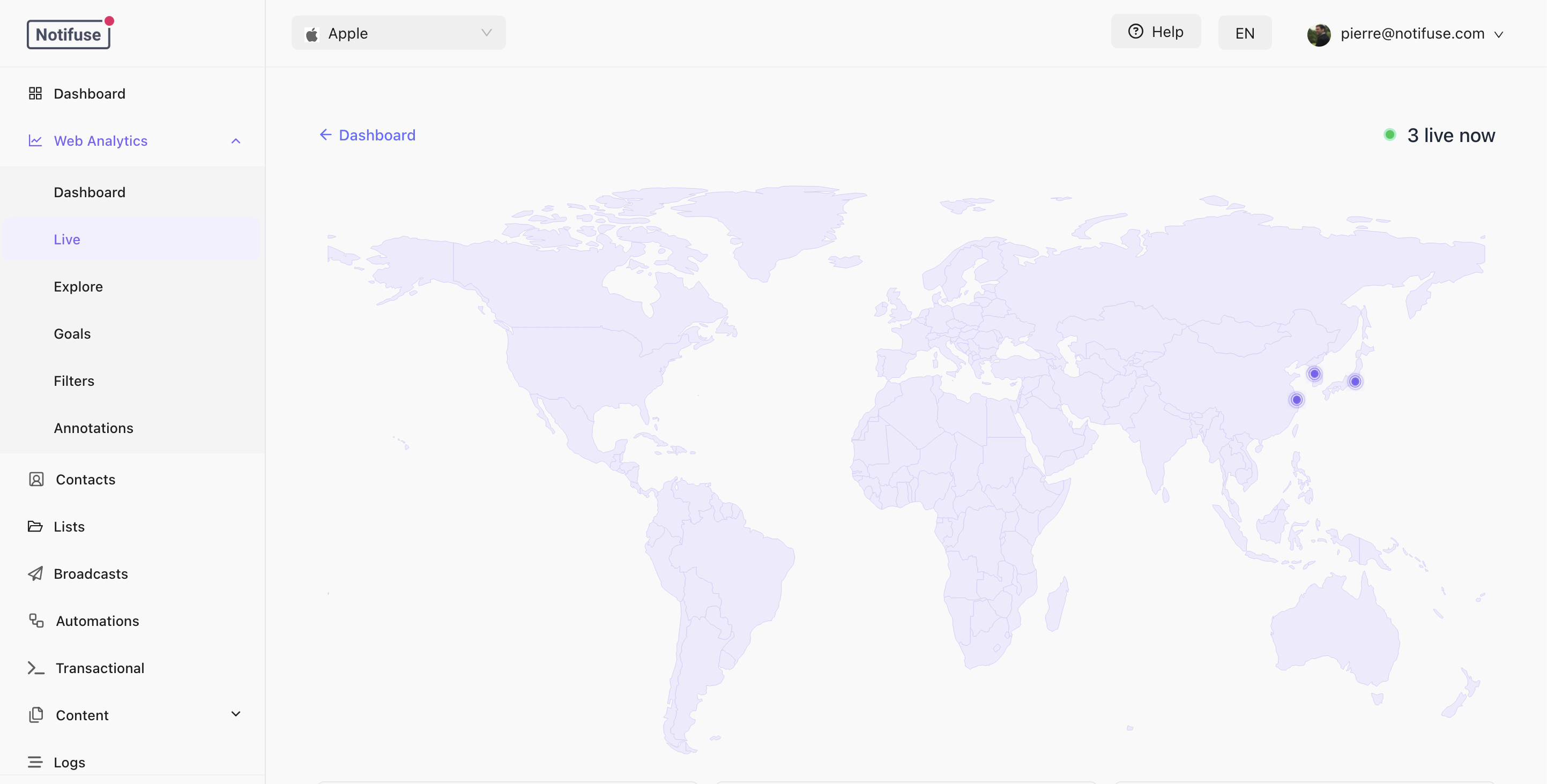 Live view with the world map of visitors active right now