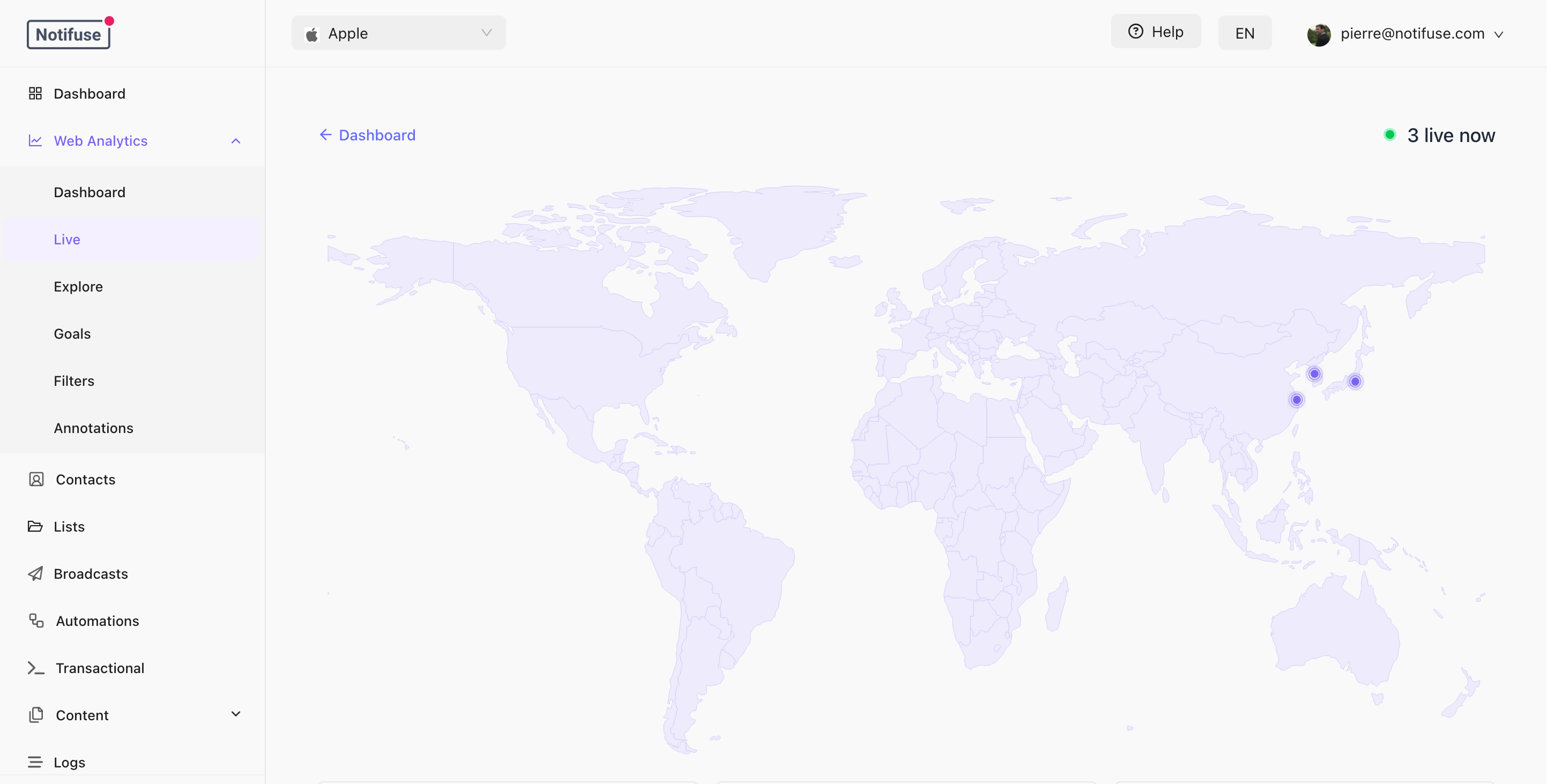 Live view with the world map of visitors active right now
