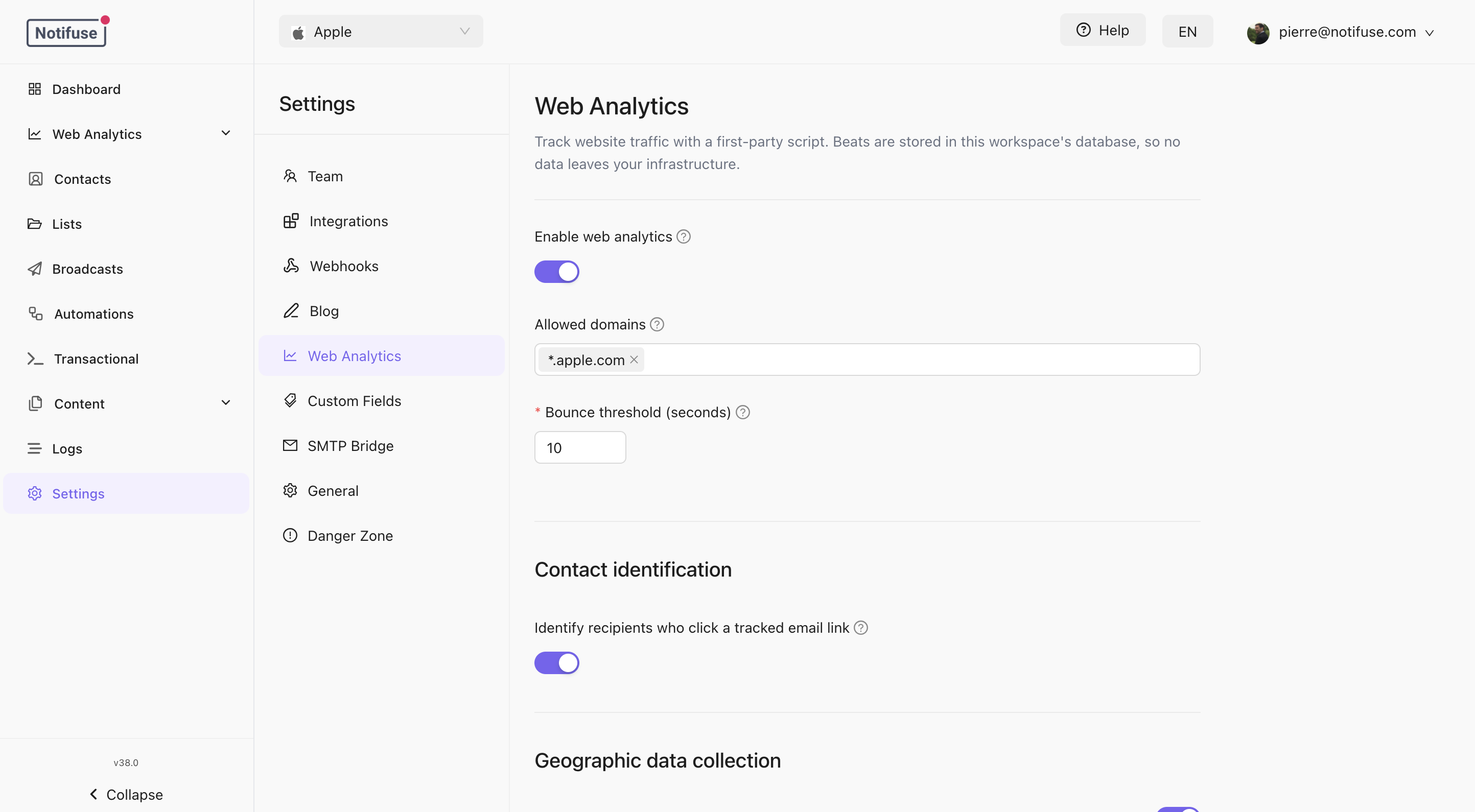 Web Analytics settings with the enable toggle, allowed domains, bounce threshold and contact identification