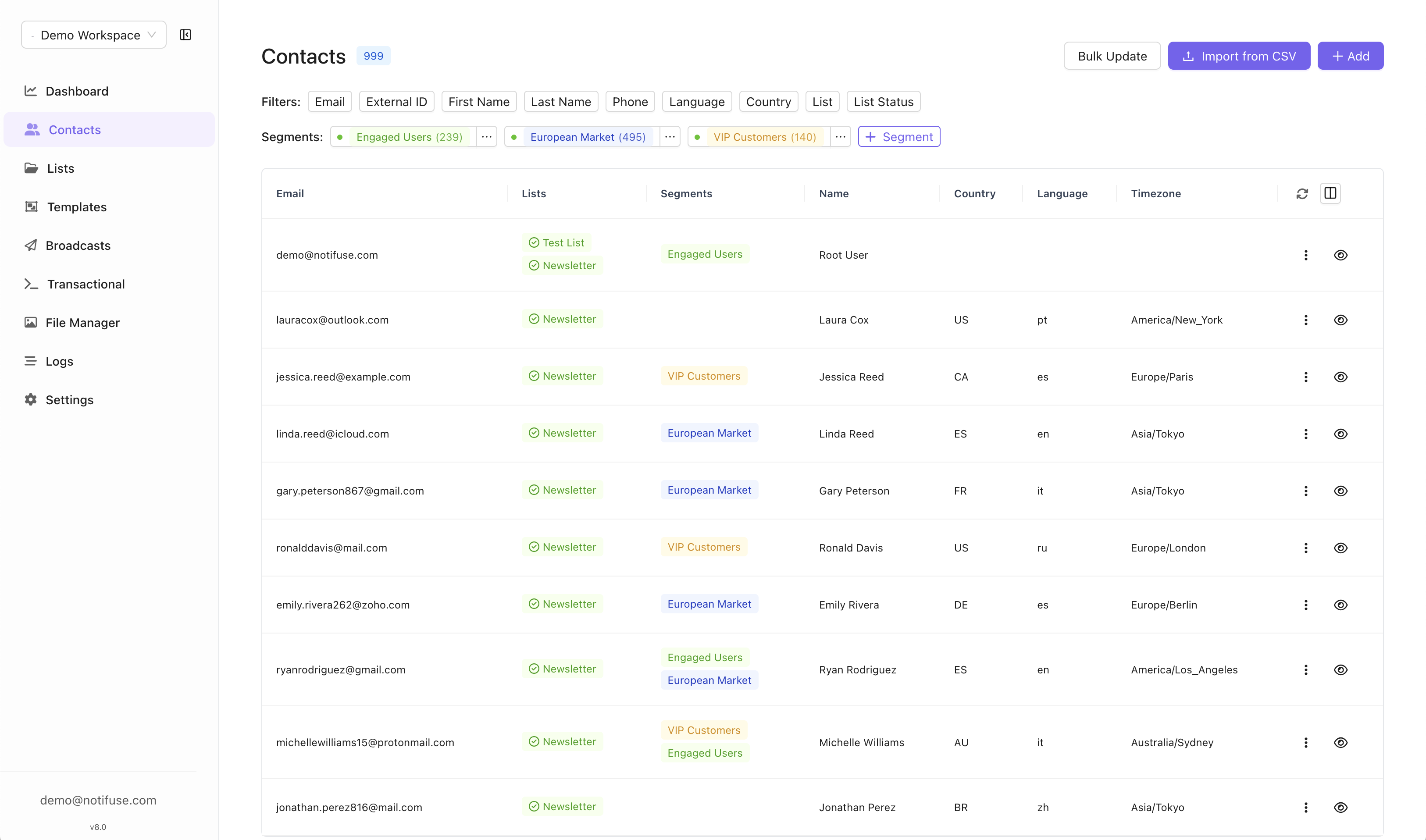 Contacts interface showing contact list with various fields and custom data options