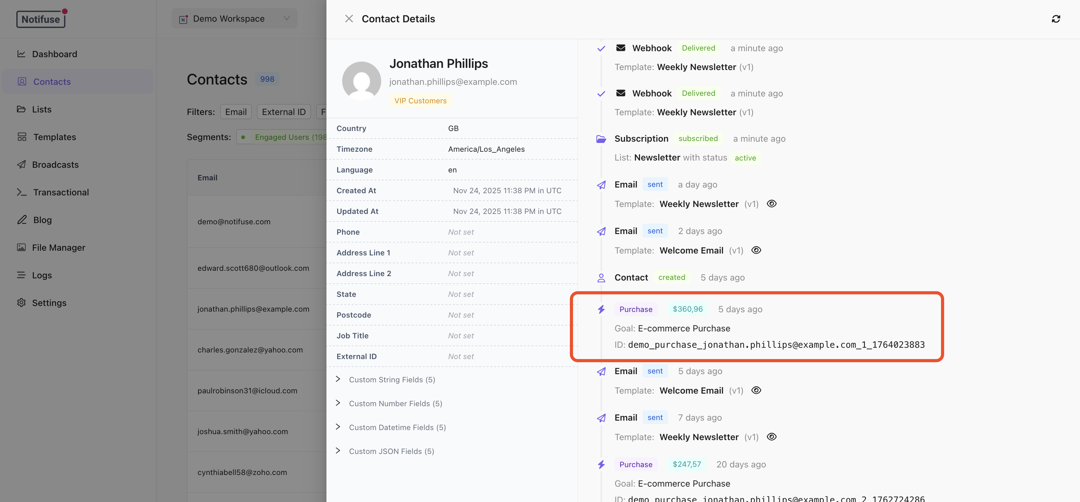 Contact timeline with custom events