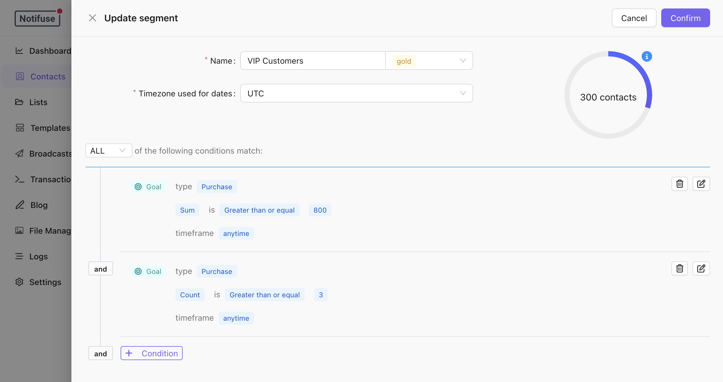 Segment builder with custom events goal