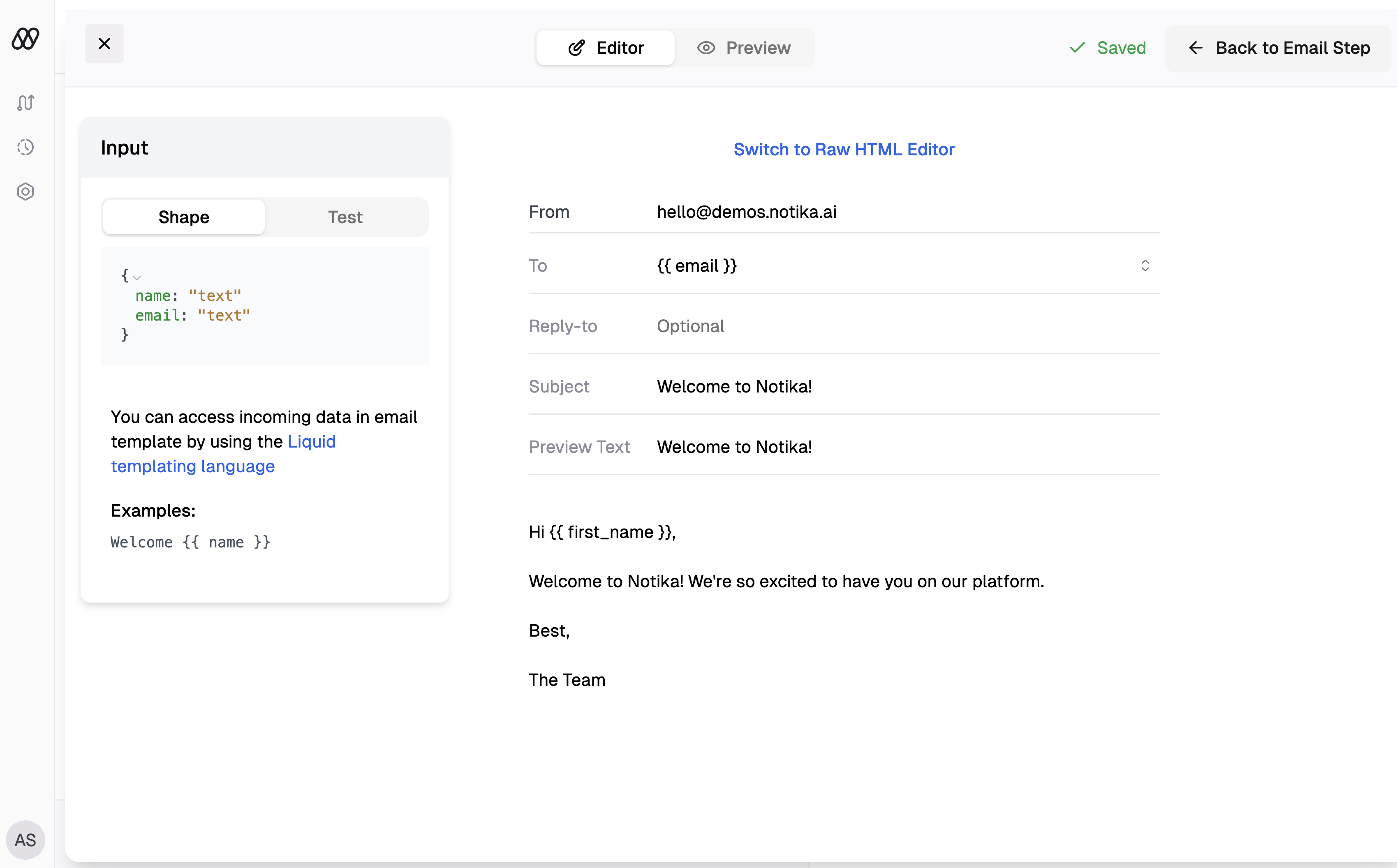 Email editor interface