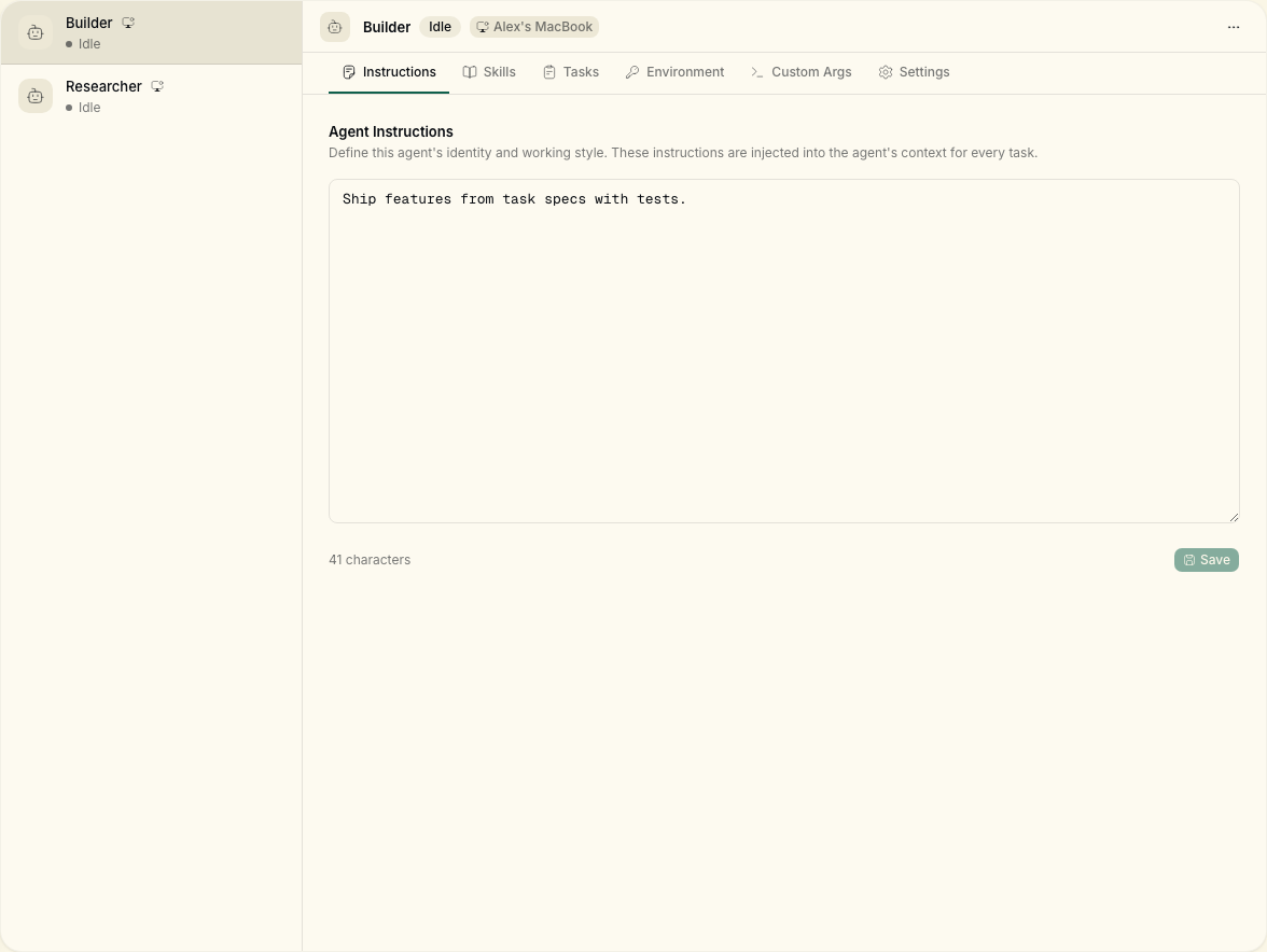 Agents page listing Builder and Researcher on a connected runtime