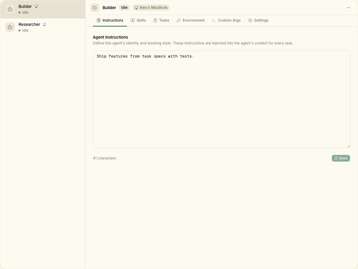 Agents page listing Builder and Researcher on a connected runtime