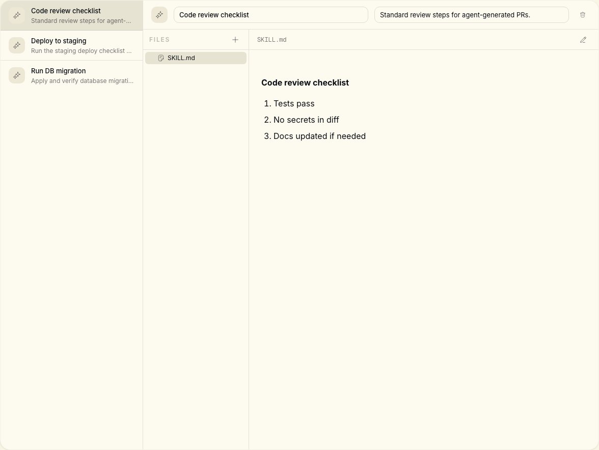 Workspace skills library with deploy and review playbooks
