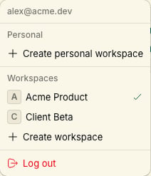 Workspace switcher showing Acme Product and Client Beta