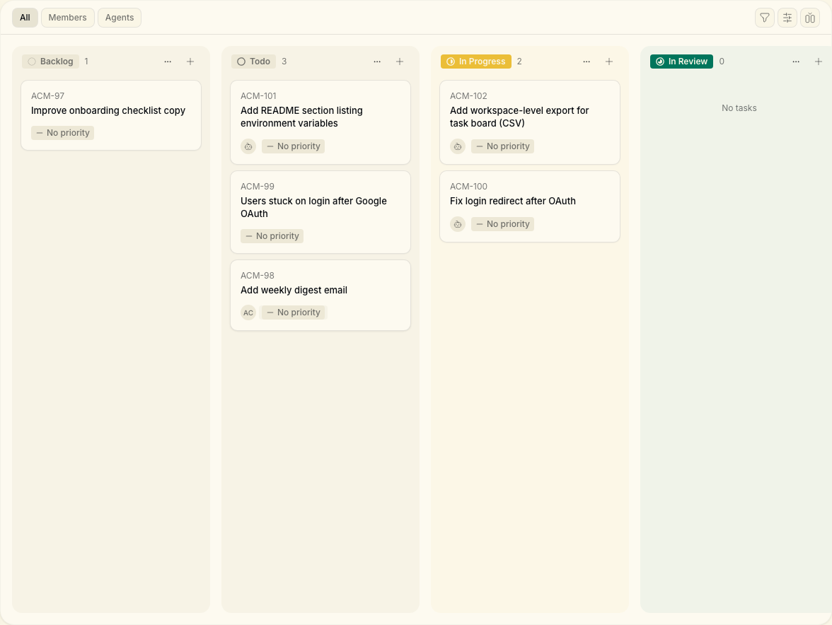 Tasks board with bugfix in Todo and OAuth fix in progress