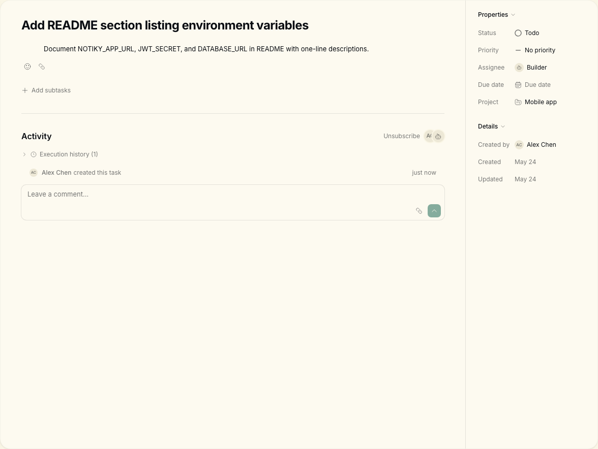 README task assigned to Builder agent with Properties panel visible