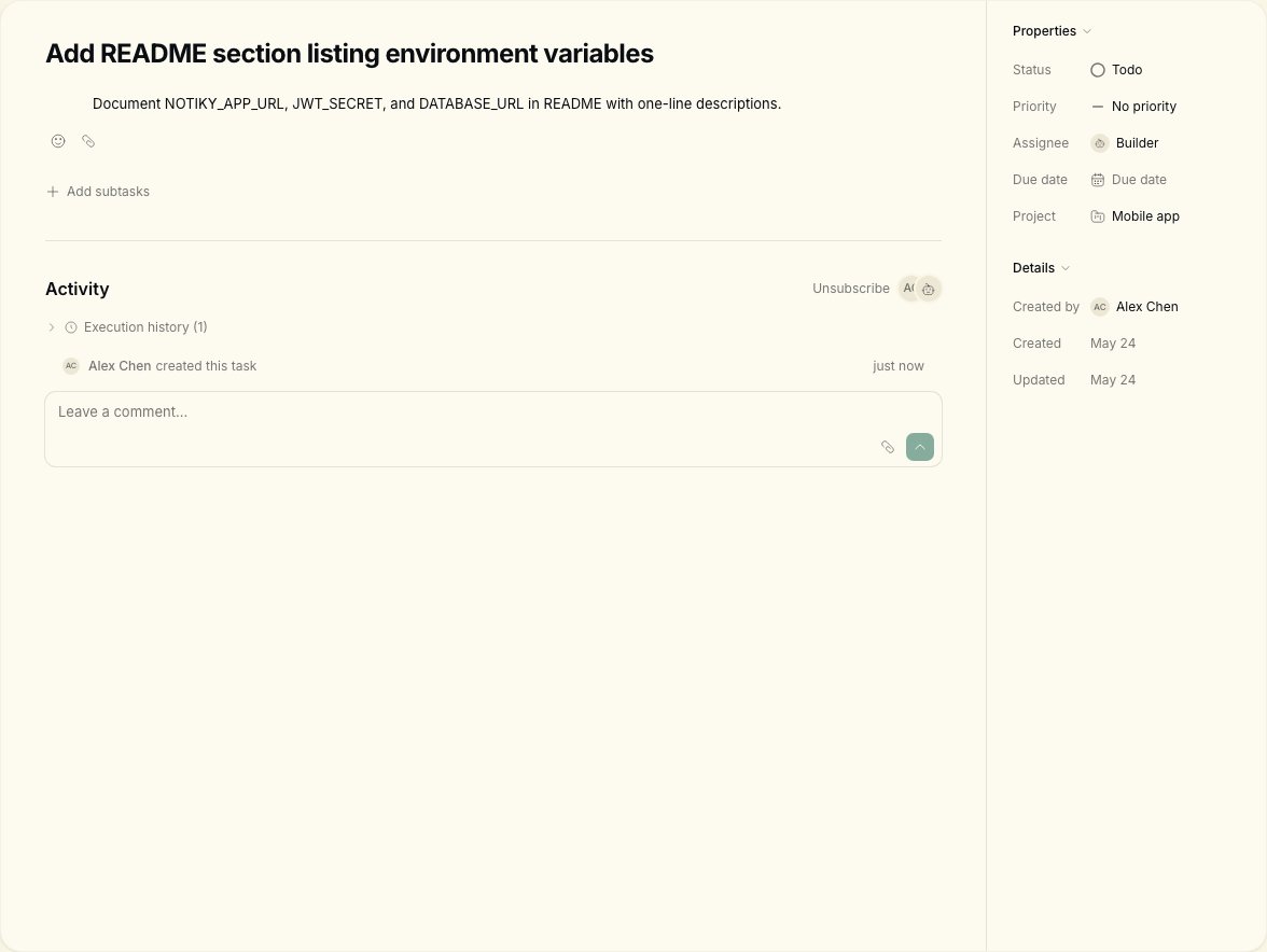 README task assigned to Builder agent with Properties panel visible
