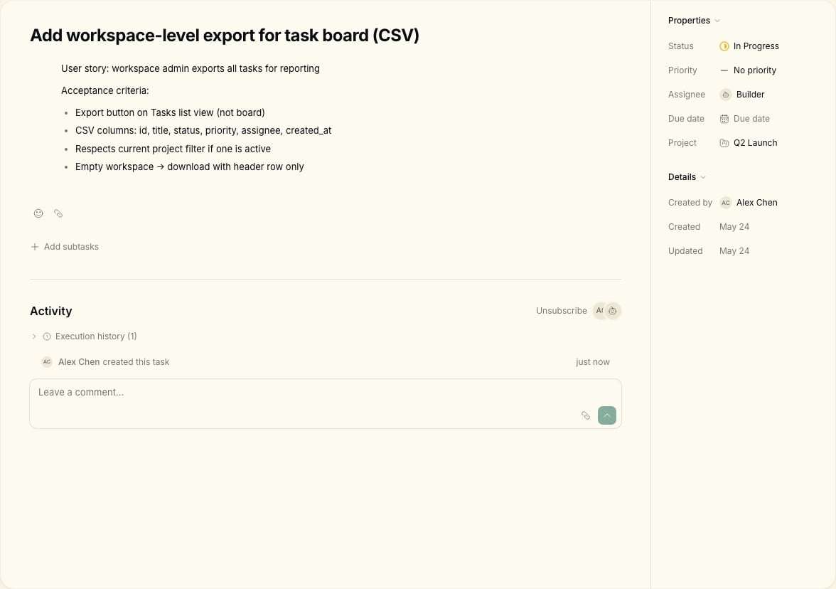 CSV export spec task in progress with acceptance criteria visible