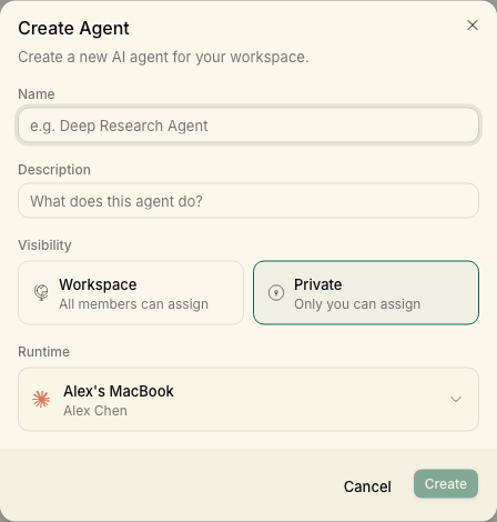 New agent dialog with runtime and provider selection