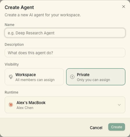 New agent dialog with runtime and provider selection