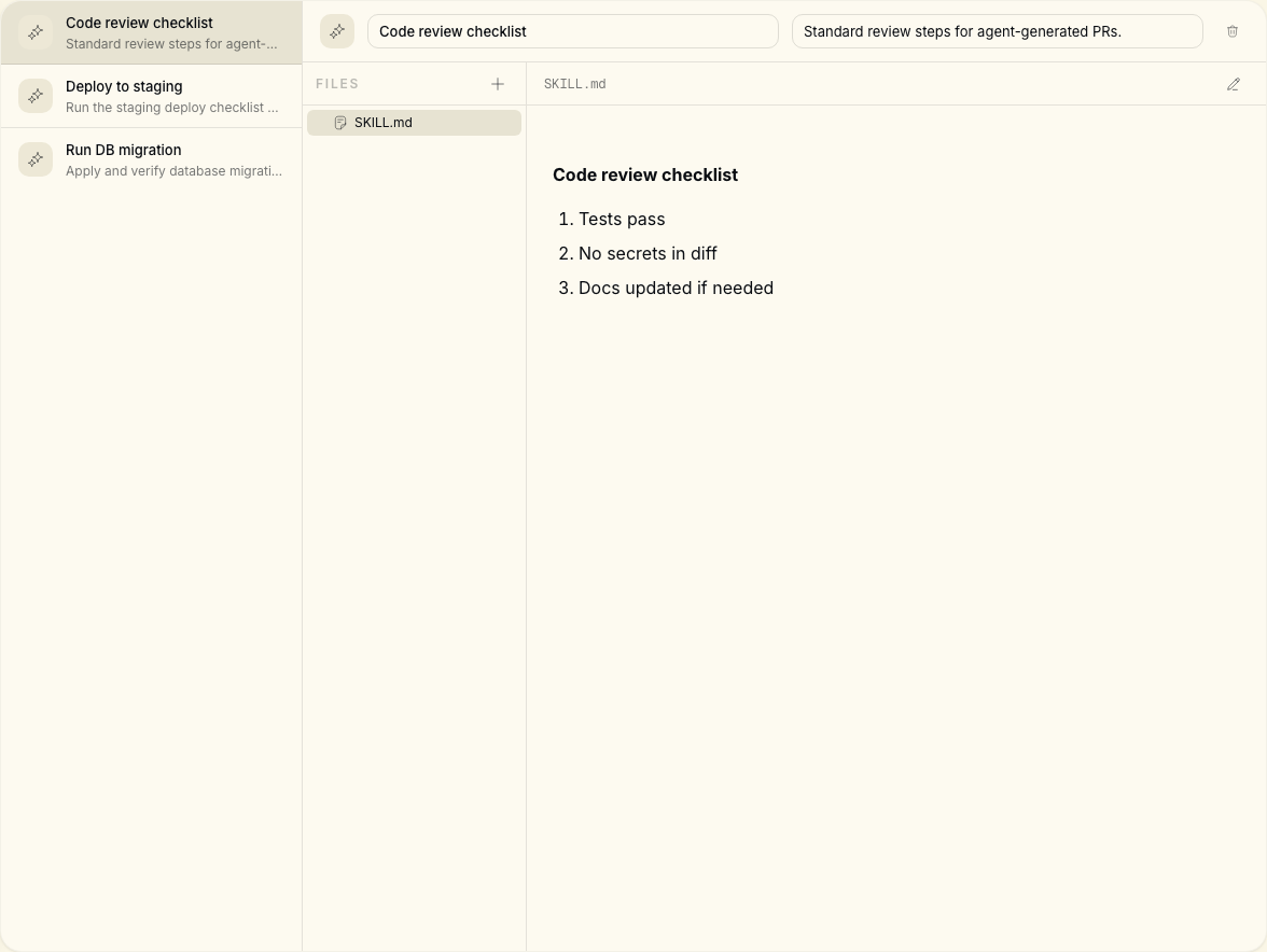 Workspace skills library with deploy and review playbooks