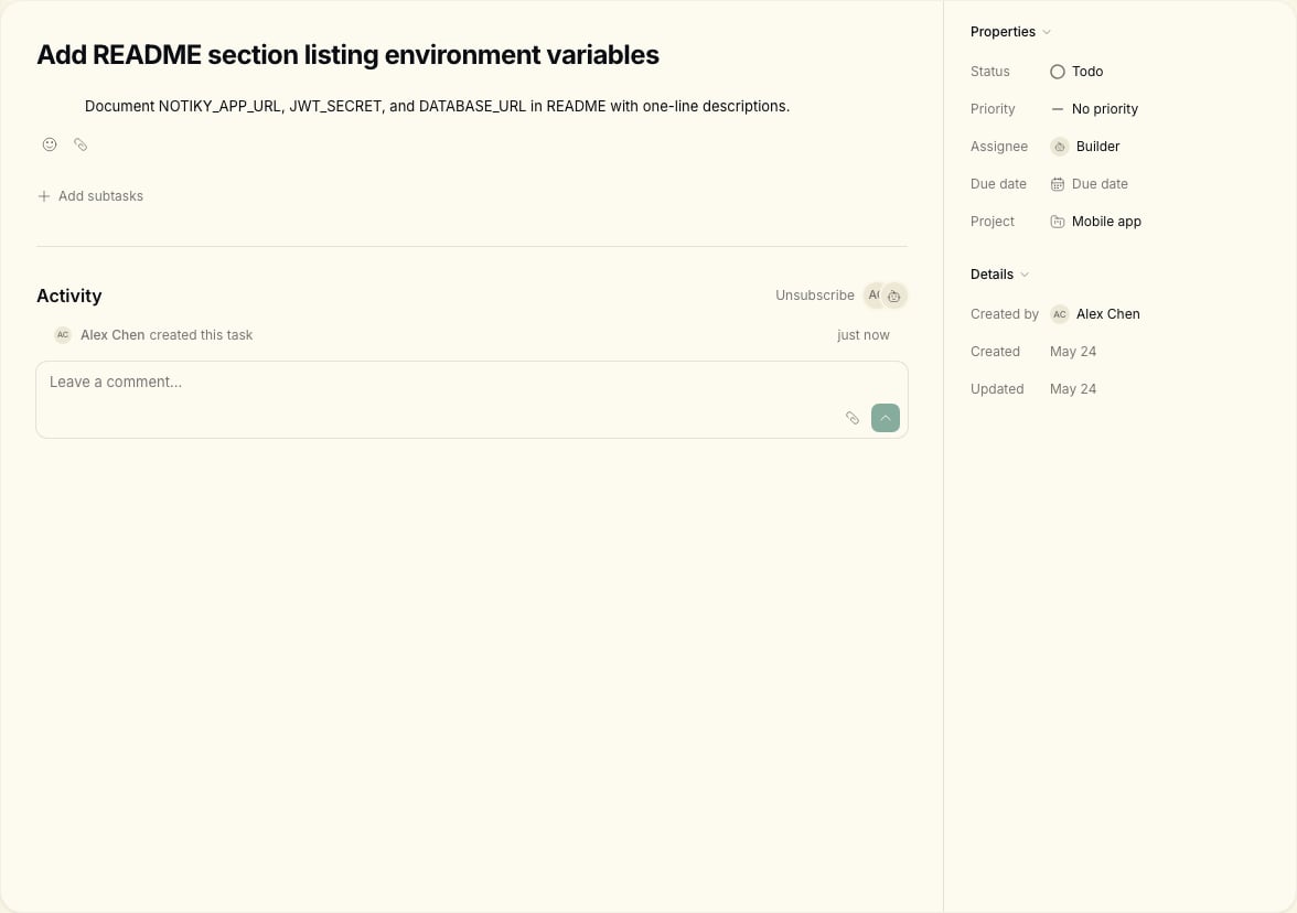 Task detail with Builder assigned in the Properties panel