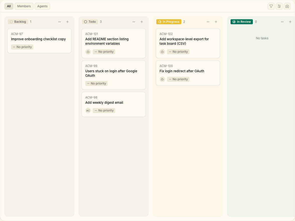 Acme Product tasks board with agent-assigned work in progress