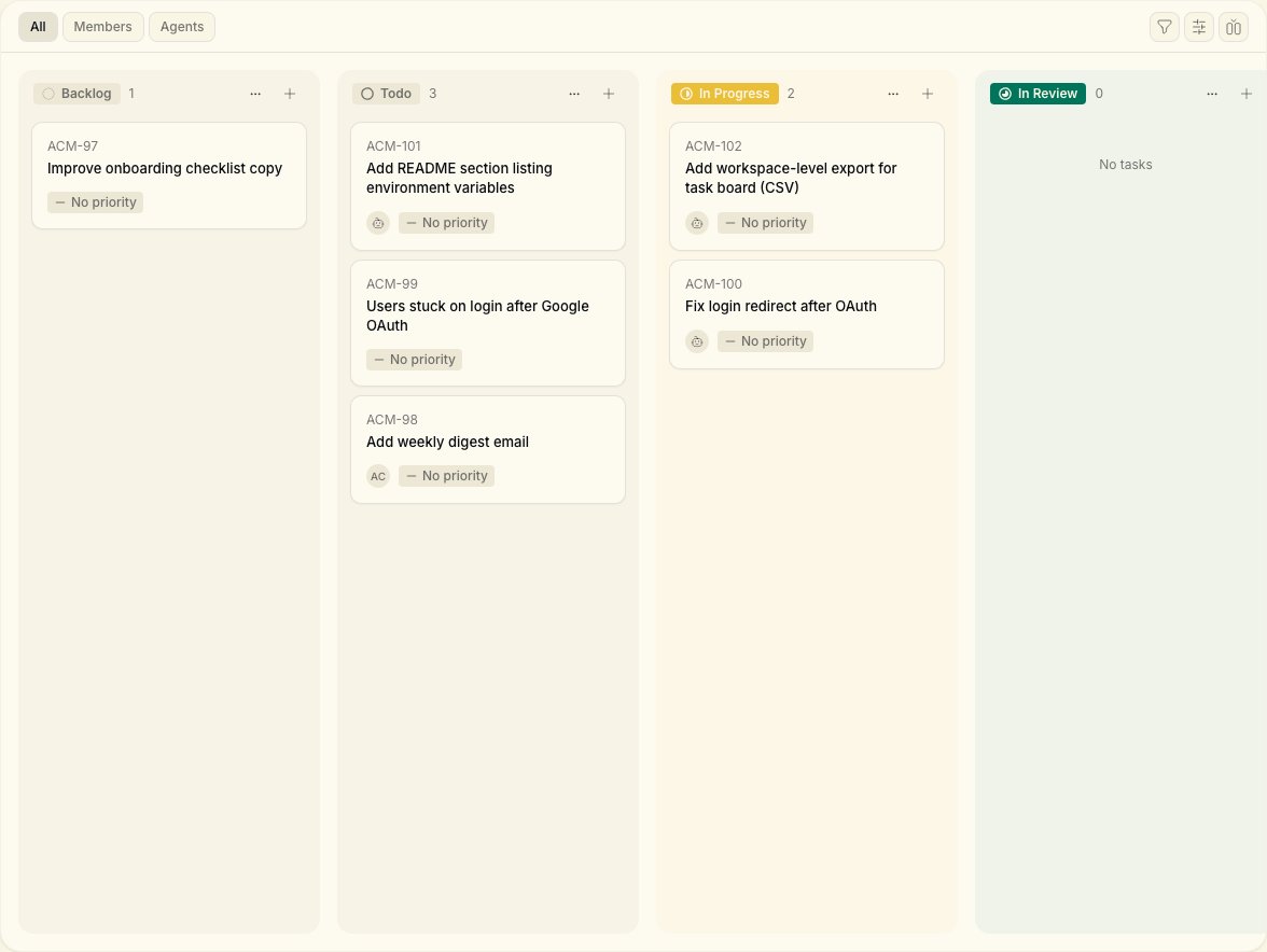 Acme Product tasks board with agent-assigned work in progress