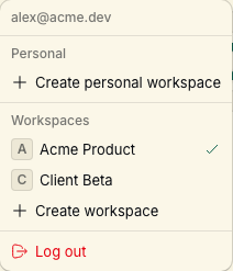 Workspace switcher showing Acme Product and Client Beta