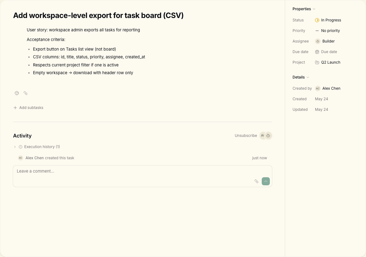 CSV export spec task in progress with acceptance criteria visible