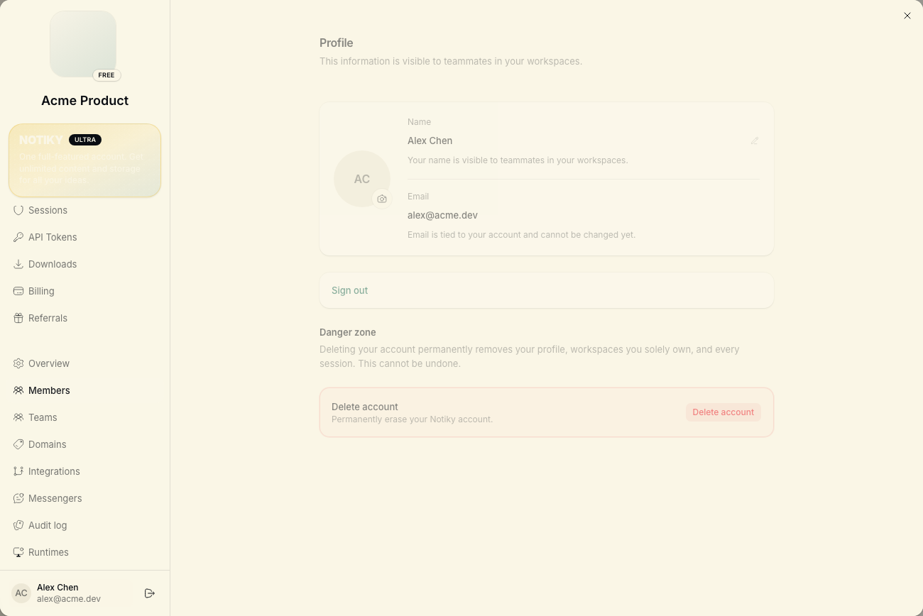Settings Members tab with workspace owner and pending invite