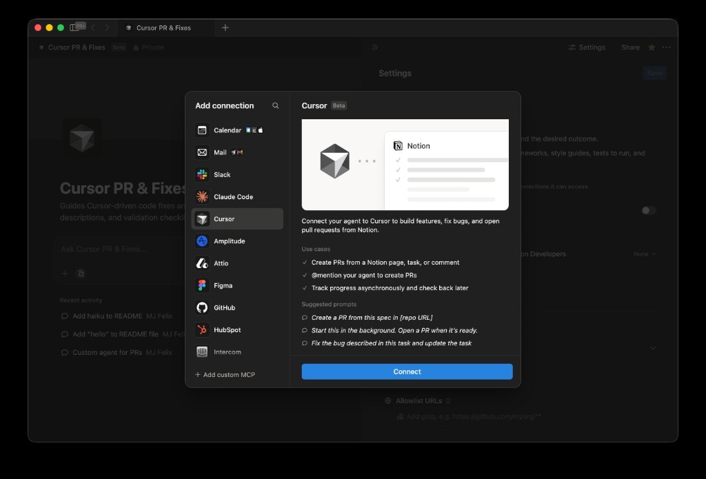 Selecting Cursor from the connection dropdown