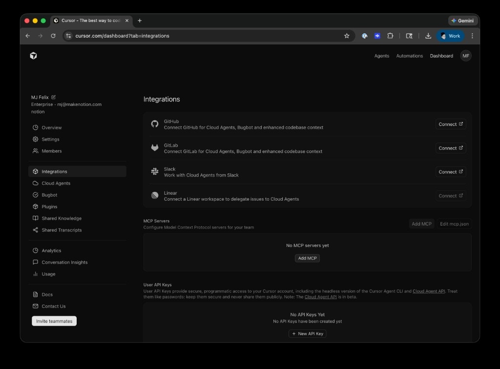 Creating a User API Key in the Cursor dashboard