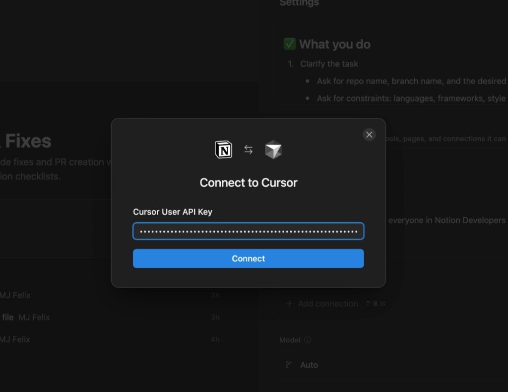 Pasting the Cursor API token into the Notion connection modal