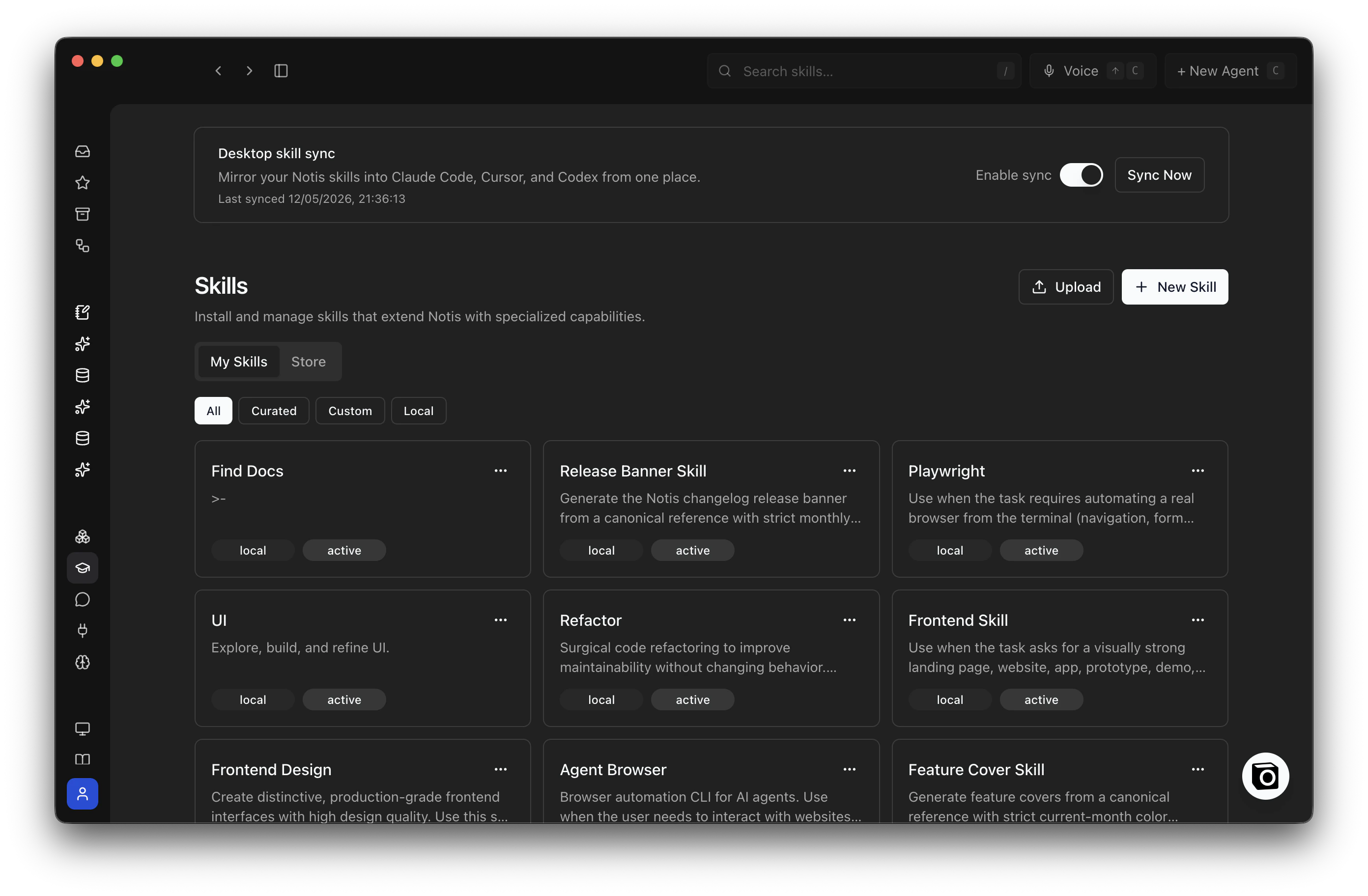 Enable sync toggle on the Skills page