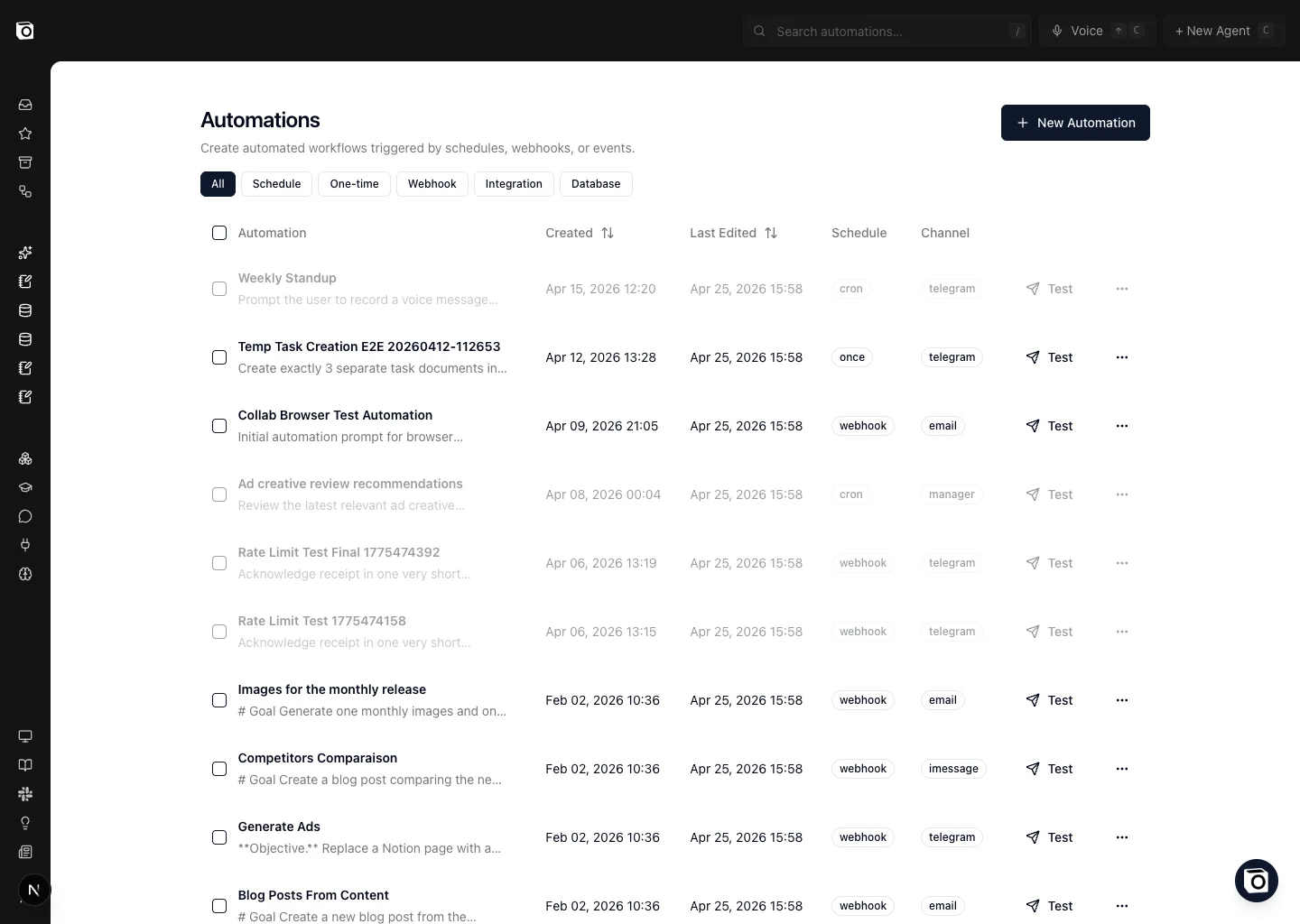 Automations list page with trigger filters and per-row test/edit actions