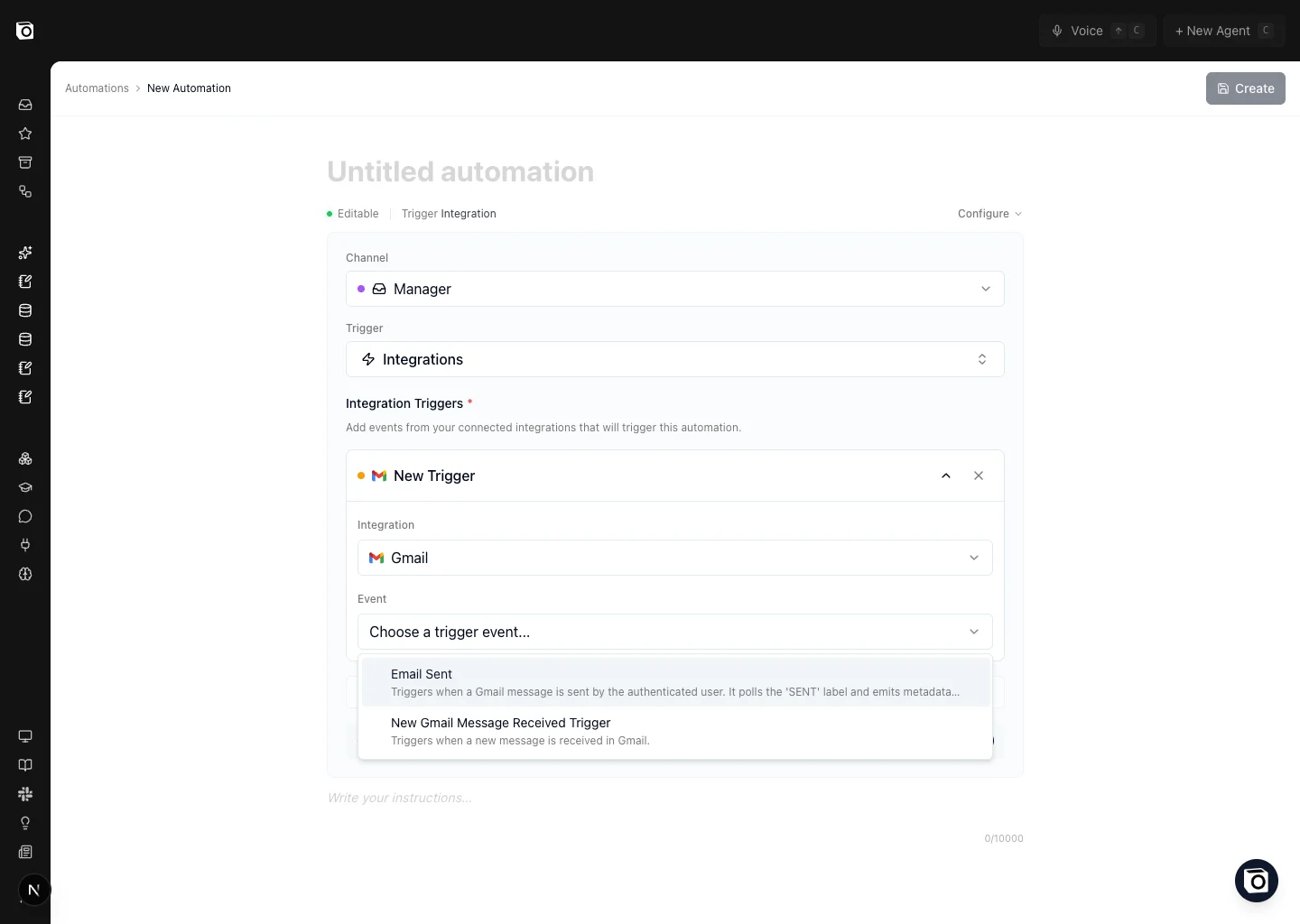 Integration trigger configuration with Gmail selected and the event picker open