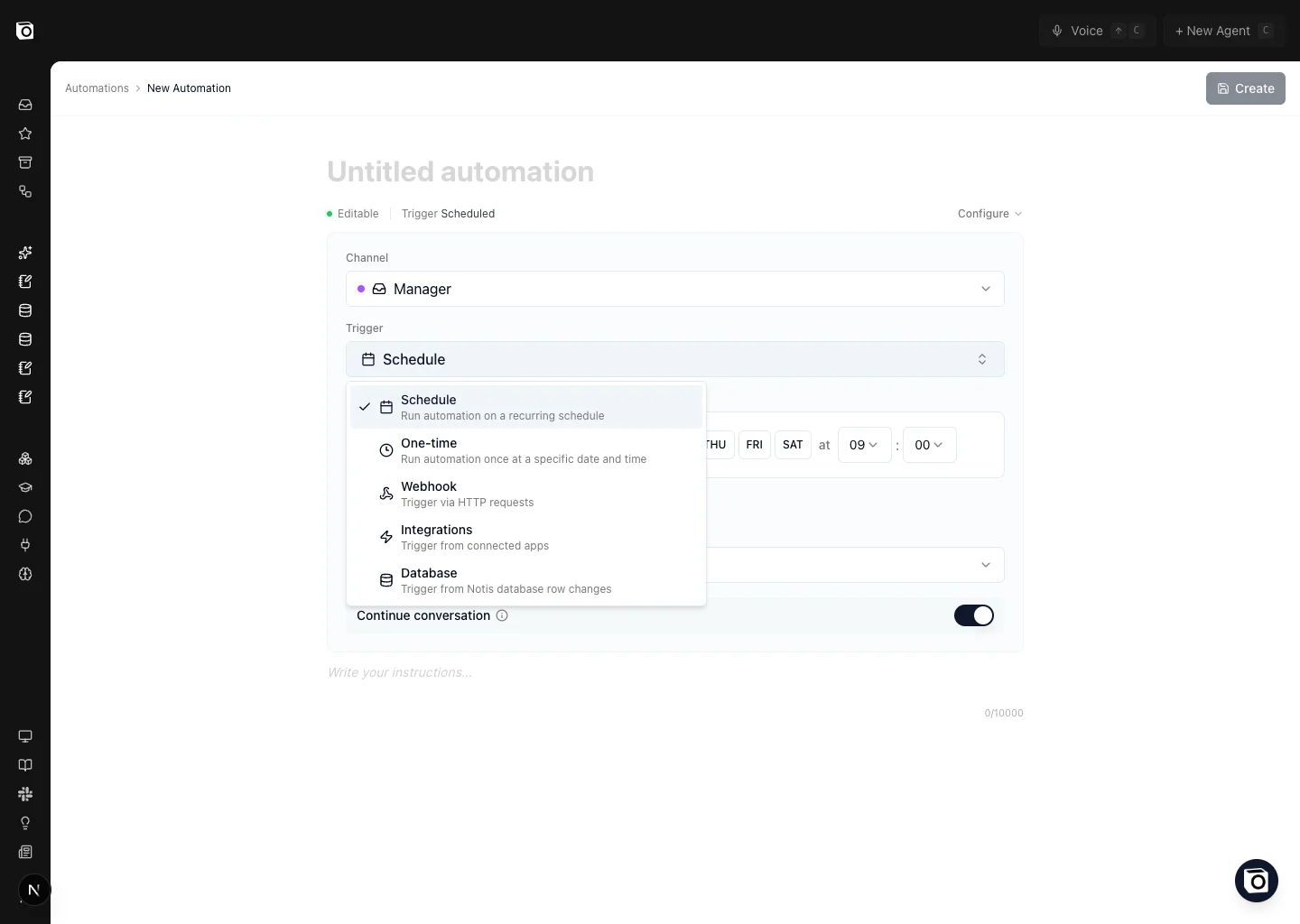 The trigger picker showing every supported type — Schedule, One-time, Webhook, Integrations, Database