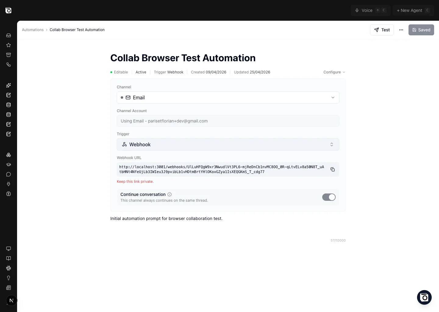 Saved webhook automation with the generated URL ready to copy