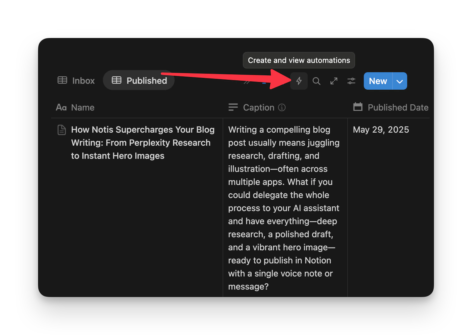 Automations icon in the Notion database toolbar
