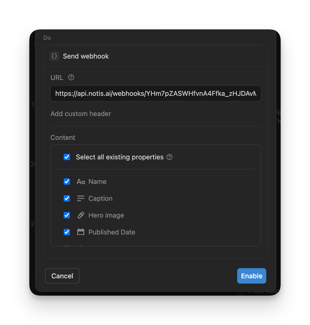 Notion 'Send webhook' action with the Notis URL and property checkboxes
