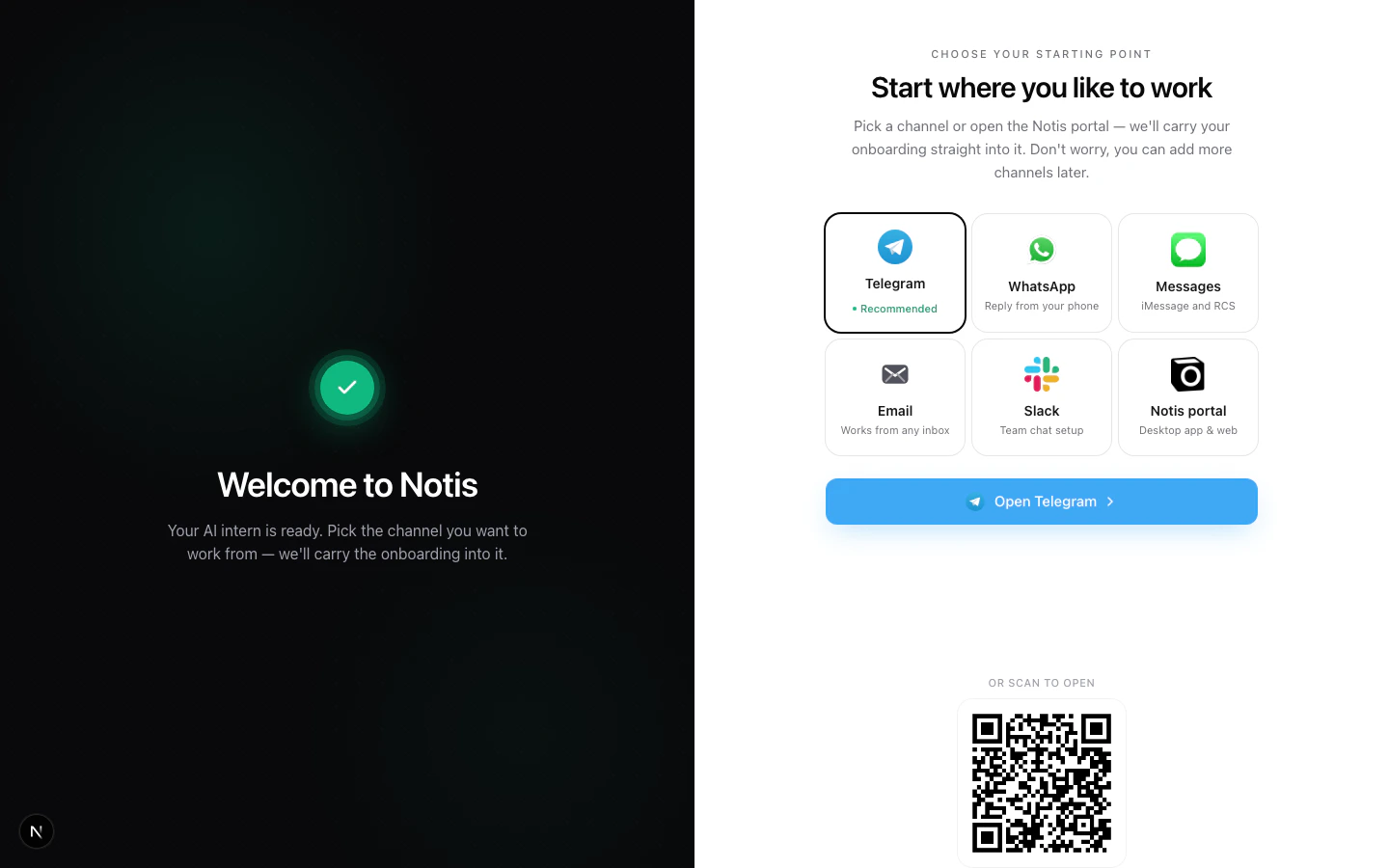 Notis start page: welcome screen with channel picker for Telegram, WhatsApp, Messages, Email, Slack, and the Notis portal