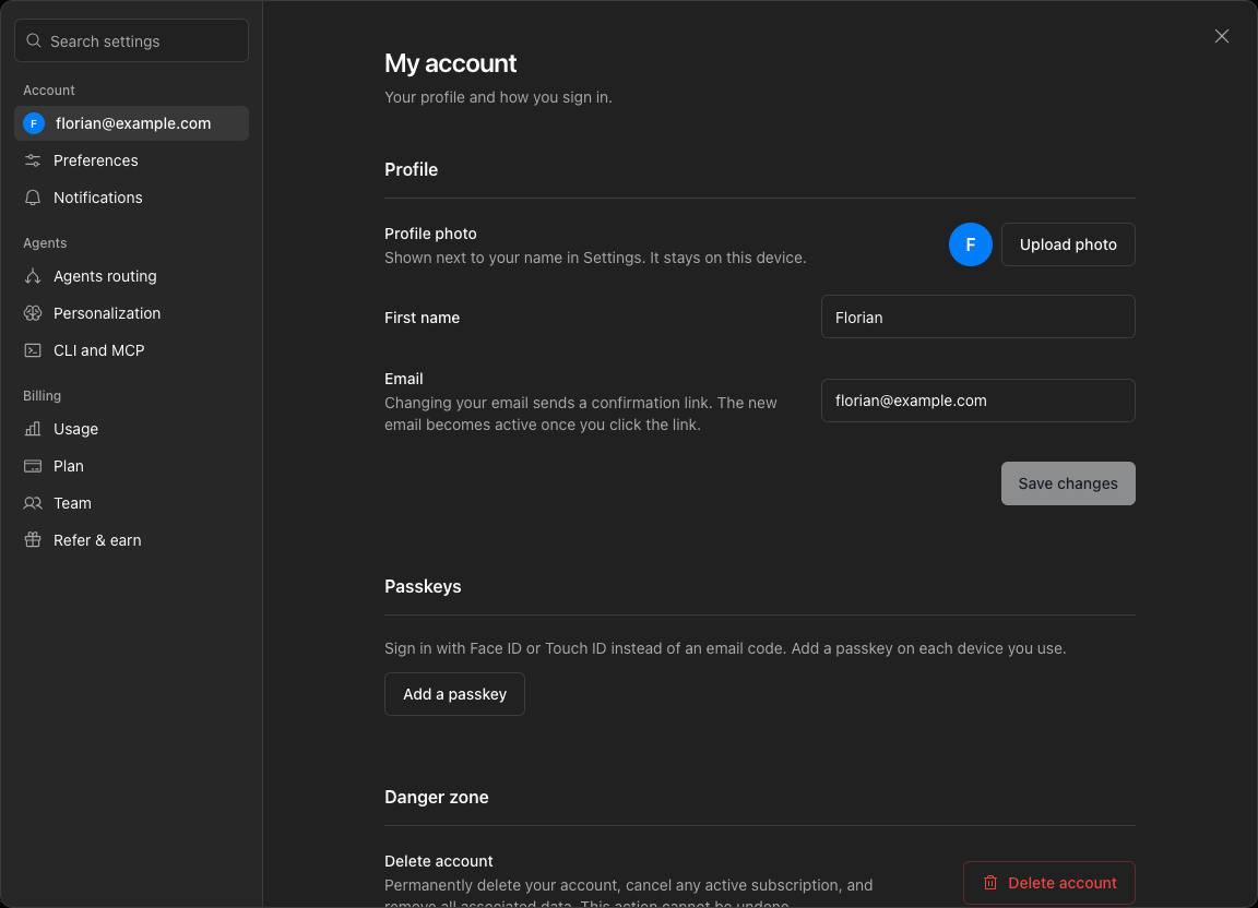 Notis Settings open on My account, with the list of Settings pages on the left