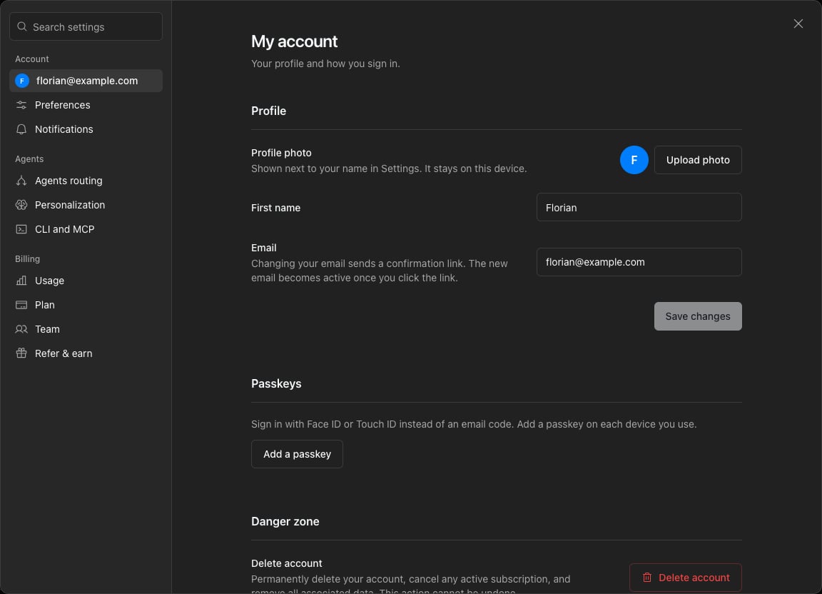 Notis Settings open on My account, with the list of Settings pages on the left